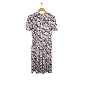 Vintage Womens Medium Midi Dress navy Floral Puff Sleeve Pockets Cottagecore